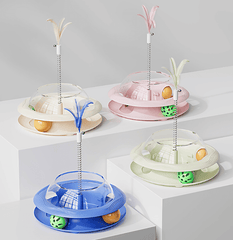 Interactive Cat Treat Dispenser Toy – 3-in-1 Cat Teaser Wand, Spinning Turntable & Food Puzzle Ball-PETROOM