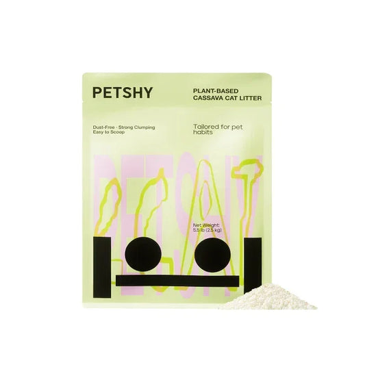 Package of Petshy plant-based cassava cat litter on a white background