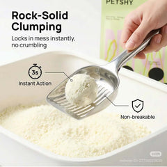 Rock-solid clumping cat litter in scoop, instant action, non-breakable, ideal for clean pet care
