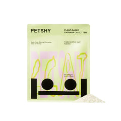 Package of Petshy plant-based cassava cat litter on a white background
