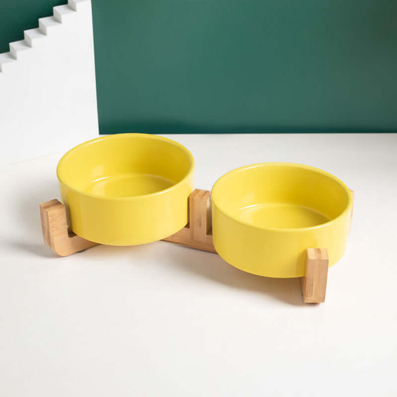Petroom Ceramic Dog & Cat Bowls with Wooden Stand – Non-Slip Elevated Food & Water Feeder-Petroom