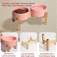 Petroom Ceramic Dog & Cat Bowls with Wooden Stand – Non-Slip Elevated Food & Water Feeder-Petroom