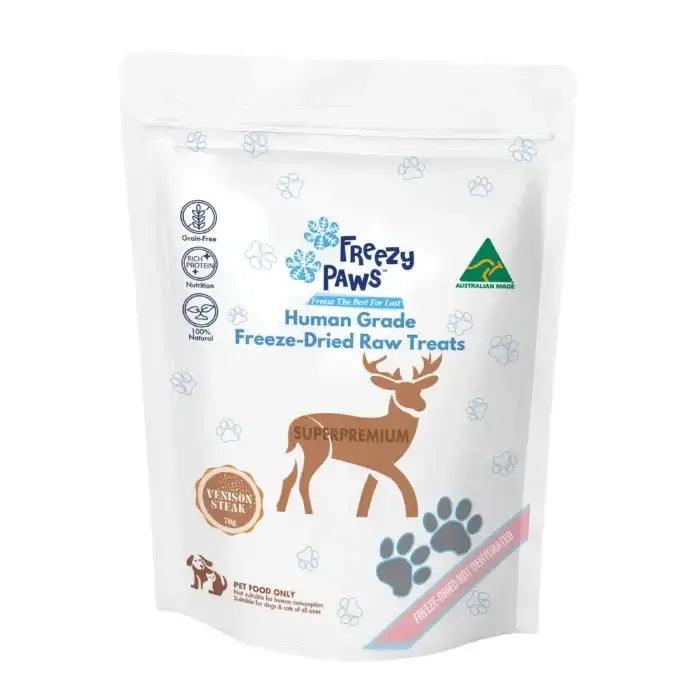 Freezy Paws Freeze Dried Venison Pet Treat 70g - freeze dried cat treats packaging with Australian venison steak.