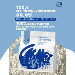 Purrrhaven tapioca cat litter package with product features on a blue background