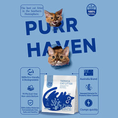 A promotional graphic for Purr Haven cat litter on a light blue background. The image features two orange tabby cat heads popping out of the large blue text 'PURR HAVEN', a bag of 'Tapioca Cat Litter' in the center, and four informational callout boxes highlighting product benefits such as eco-friendly, dust-free, seaweed extracts, and clumps quickly.