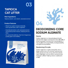 An informational product graphic for Tapioca Cat Litter by Pure Haven, showing text panels on a blue background with a product box illustration. The left panel describes main ingredients and product features, and the right panel describes the deodorizing core sodium alginate source and principle.