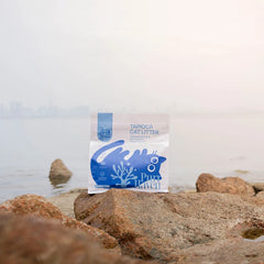 A package of Purina Cat Litter placed on large rocks by the water, with a hazy shoreline and distant city skyline in the background.