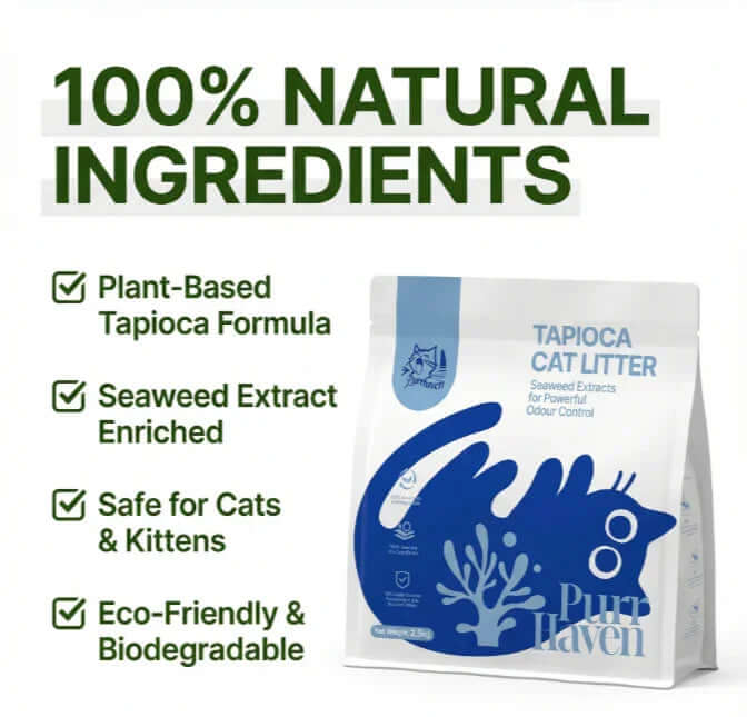 Purr Haven Tapioca Cat Litter with 100% natural plant-based formula, seaweed extract, safe for cats & kittens, eco-friendly