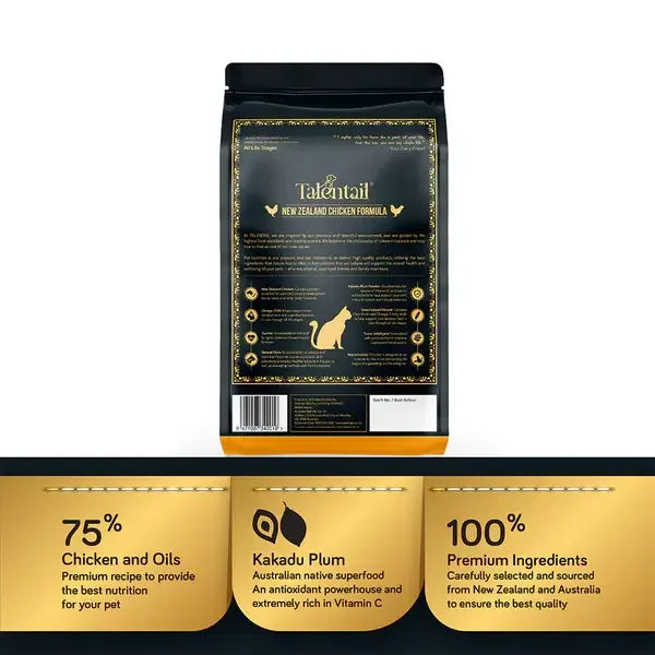 Talentail Ultimate Cat New Zealand Chicken Dry Cat Food packaging with 75% Chicken and Oils and Kakadu Plum.
