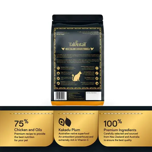 Talentail Ultimate Cat New Zealand Chicken Dry Cat Food packaging with 75% Chicken and Oils and Kakadu Plum.