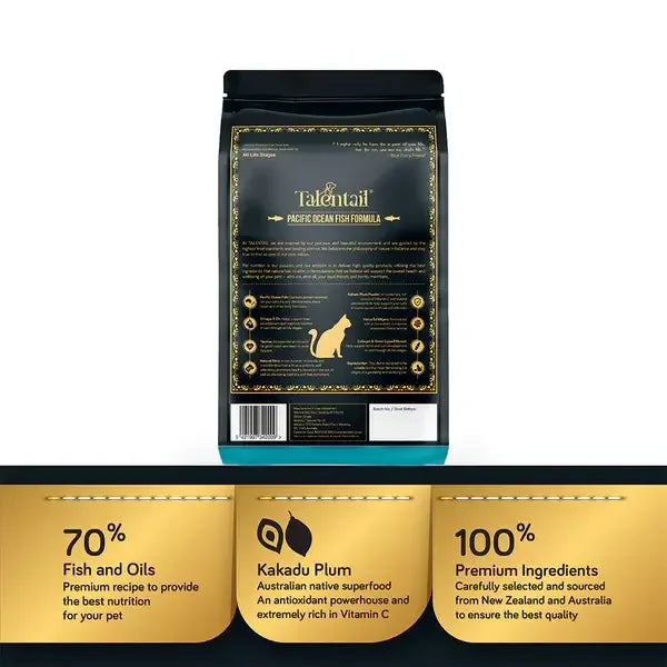 Talentail Ultimate Cat Pacific Ocean Fish Dry Cat Food bag displaying nutritional benefits and ingredients.