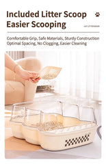 Transparent Semi-Enclosed Large Cat Litter Tray with Scoop, featuring included scoop for easier cleaning.