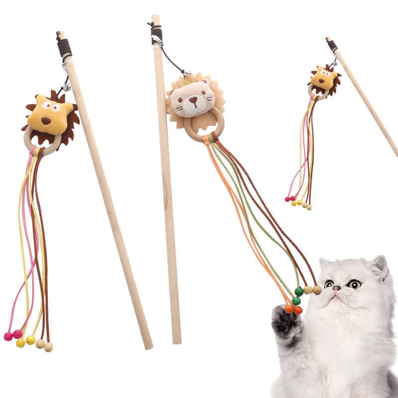 Wooden Cat Teaser Wand Cat Toy Bear & Lion Design-Petroom