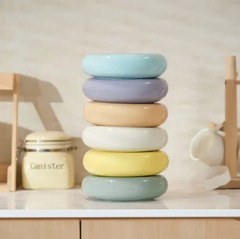 Michu Ceramic Cat Bagel Bowl – Anti-Whisker Wide Shallow Pet Food Bowl Rainbow Colours stacked in vibrant colors.