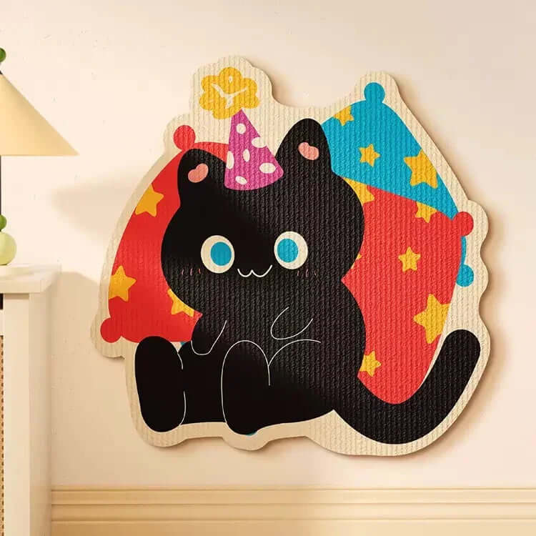 Aesthetic Wall-Mount Cat Scratch Pad Wall Protector featuring a cute black cat design with colorful decorations.