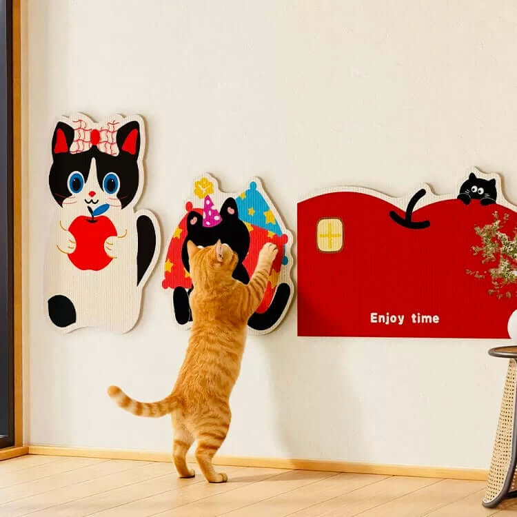 Aesthetic Wall-Mount Cat Scratch Pad Wall Protector with playful cat engaging and colorful wall art.