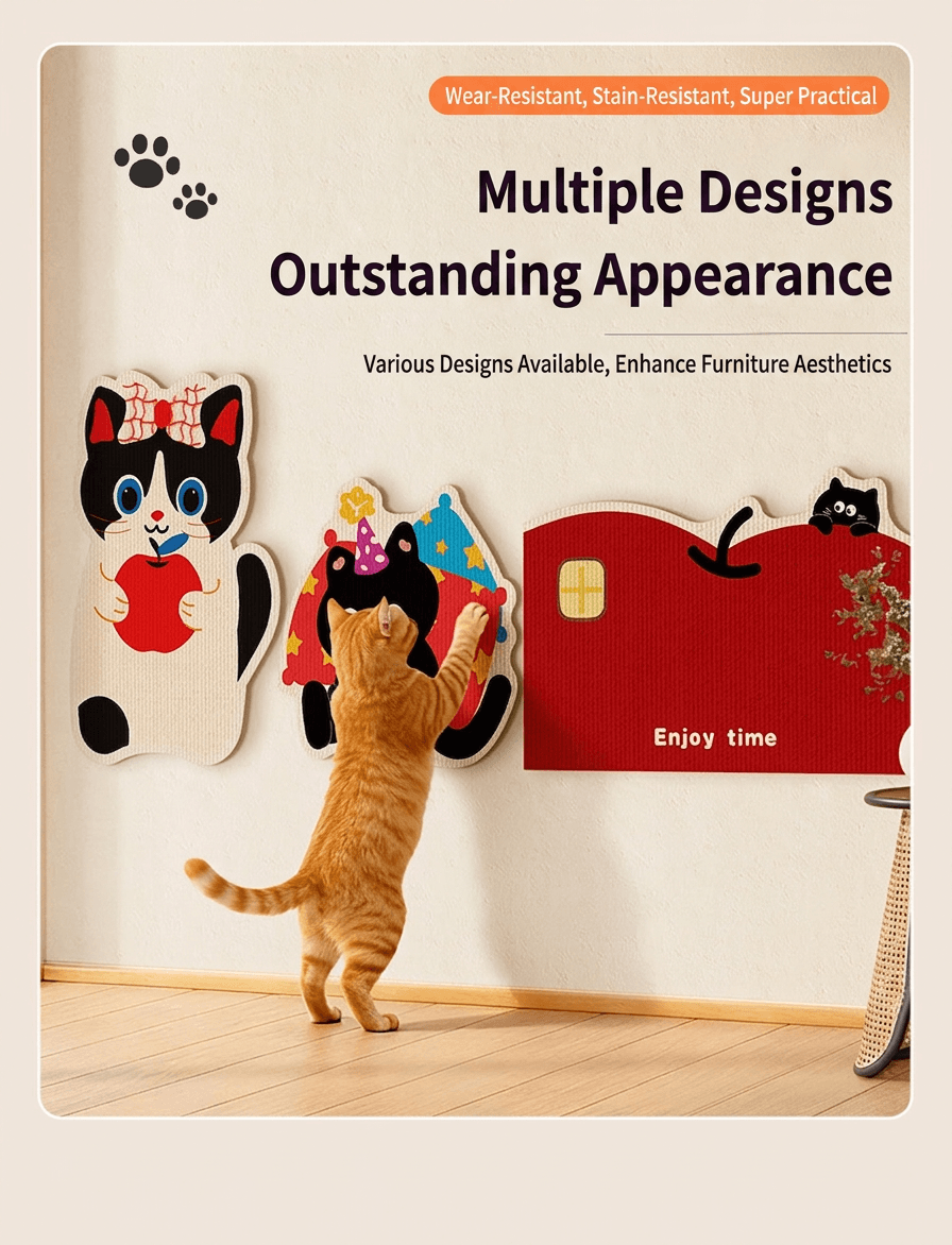 Aesthetic Wall-Mount Cat Scratch Pad Wall Protector showcased in a stylish room with multiple design options for cats.