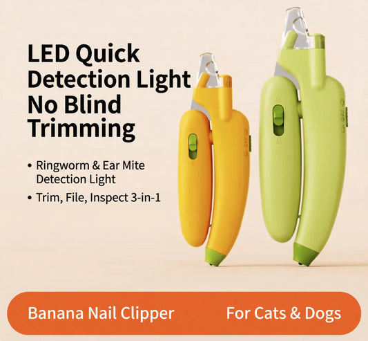AIWO Banana-Shaped Pet Nail Clippers - LED Light Grinding File for safe and easy pet nail trimming.