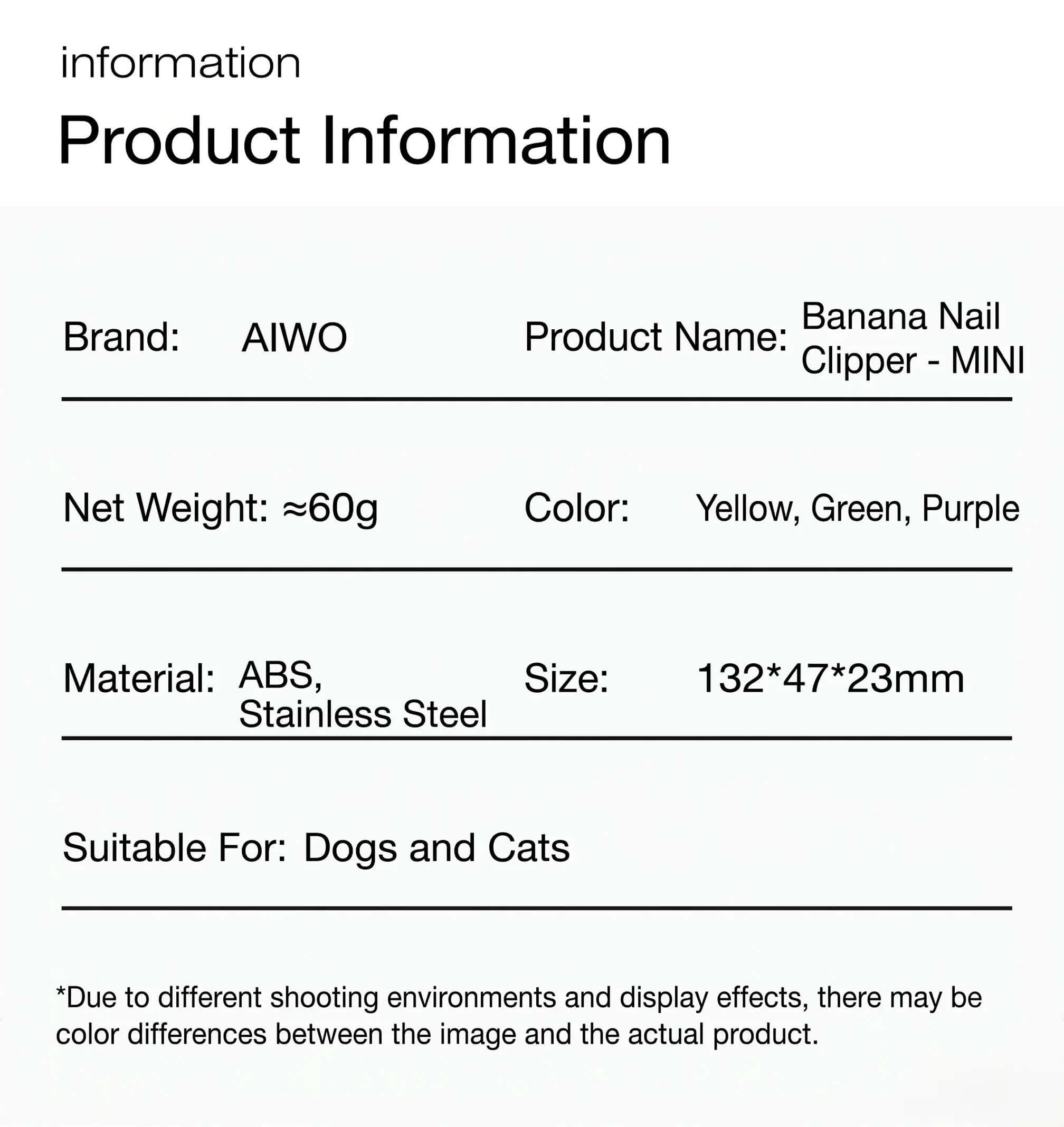 AIWO Banana Nail Clipper MINI for dogs and cats, ABS & stainless steel, 60g, yellow green purple options