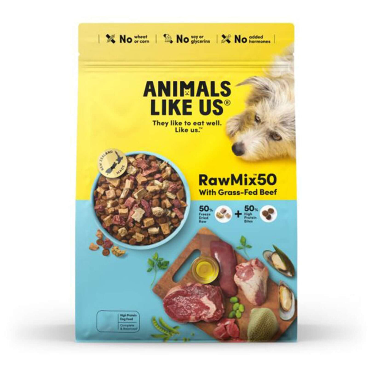 Animals Like Us RawMix50 with Grass-Fed Beef All Life Stages dog food packaging featuring raw and kibble ingredients.