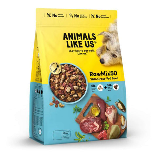 Animals Like Us RawMix50 with Grass-Fed Beef All Life Stages dog food packaging with freeze-dried ingredients.