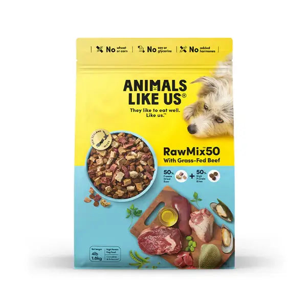 Animals Like Us RawMix50 with Grass-Fed Beef All Life Stages dog food package with kibble and meat.