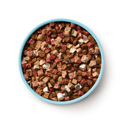 Animals Like Us RawMix50 with Grass-Fed Beef All Life Stages dog food in a blue bowl, featuring freeze-dried raw and kibble.