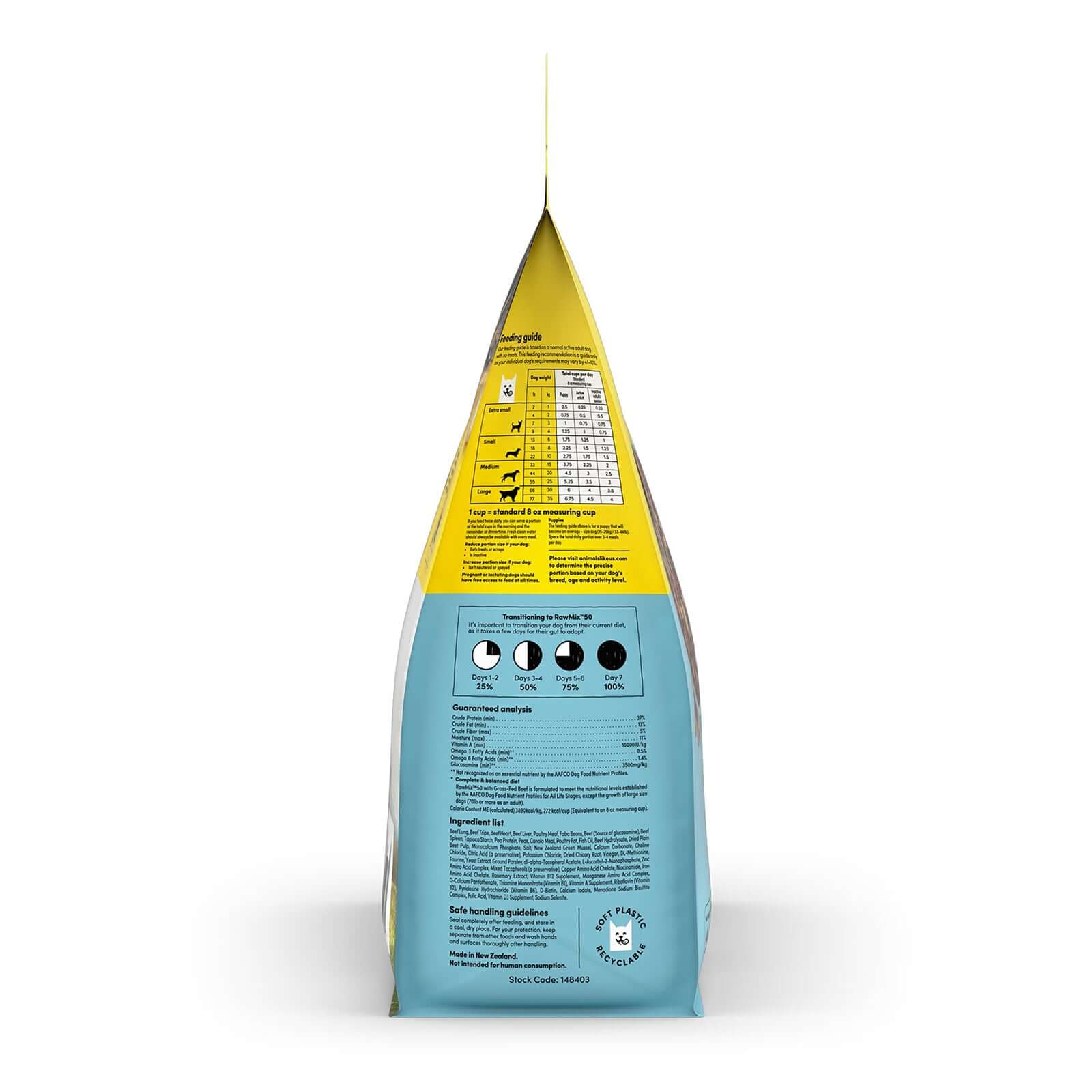 Animals Like Us RawMix50 with Grass-Fed Beef All Life Stages dog food bag back with nutritional information.