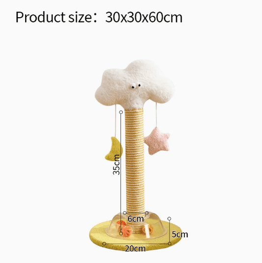Articulate Cloud Scratching Post with cloud design and hanging toys, 30x30x60cm size for playful cats.