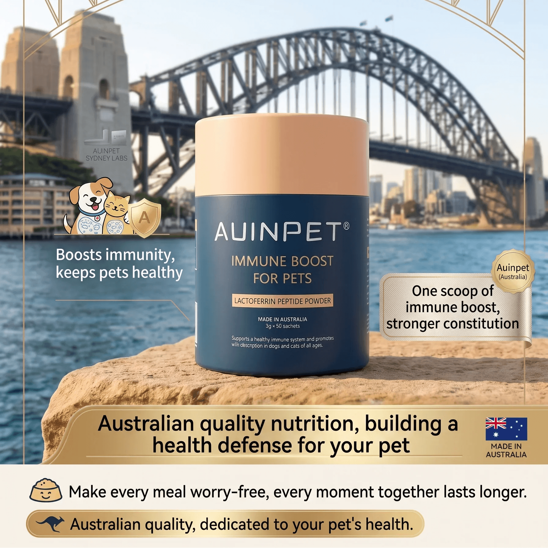 Auinpet immune boost for pets container with Sydney Harbour Bridge in the background