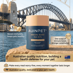 Auinpet immune boost for pets container with Sydney Harbour Bridge in the background