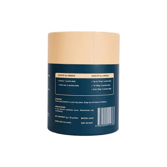 Back of a blue pet food container with beige lid on a white background