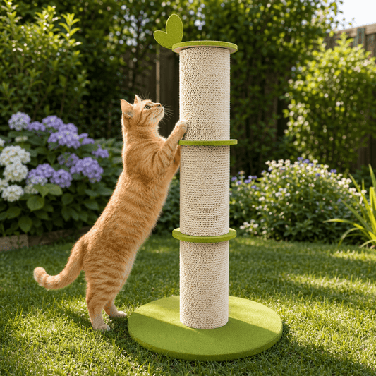 Bamboo Corrugated Cardboard Cat Scratching Post with a cat scratching outdoors in a garden setting.