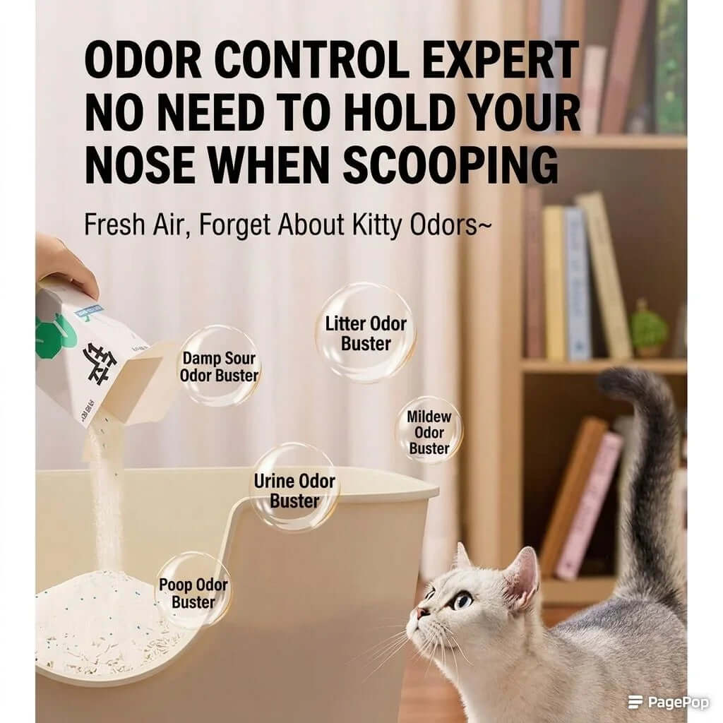 Cat litter with odor control for kitty poop, urine, and damp smells — fresh air for pet owners
