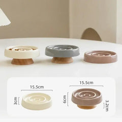 Ceramic slow feeder bowls for dogs & cats, 15.5cm diameter, 3–6cm height, with wooden base, in beige, grey, brown