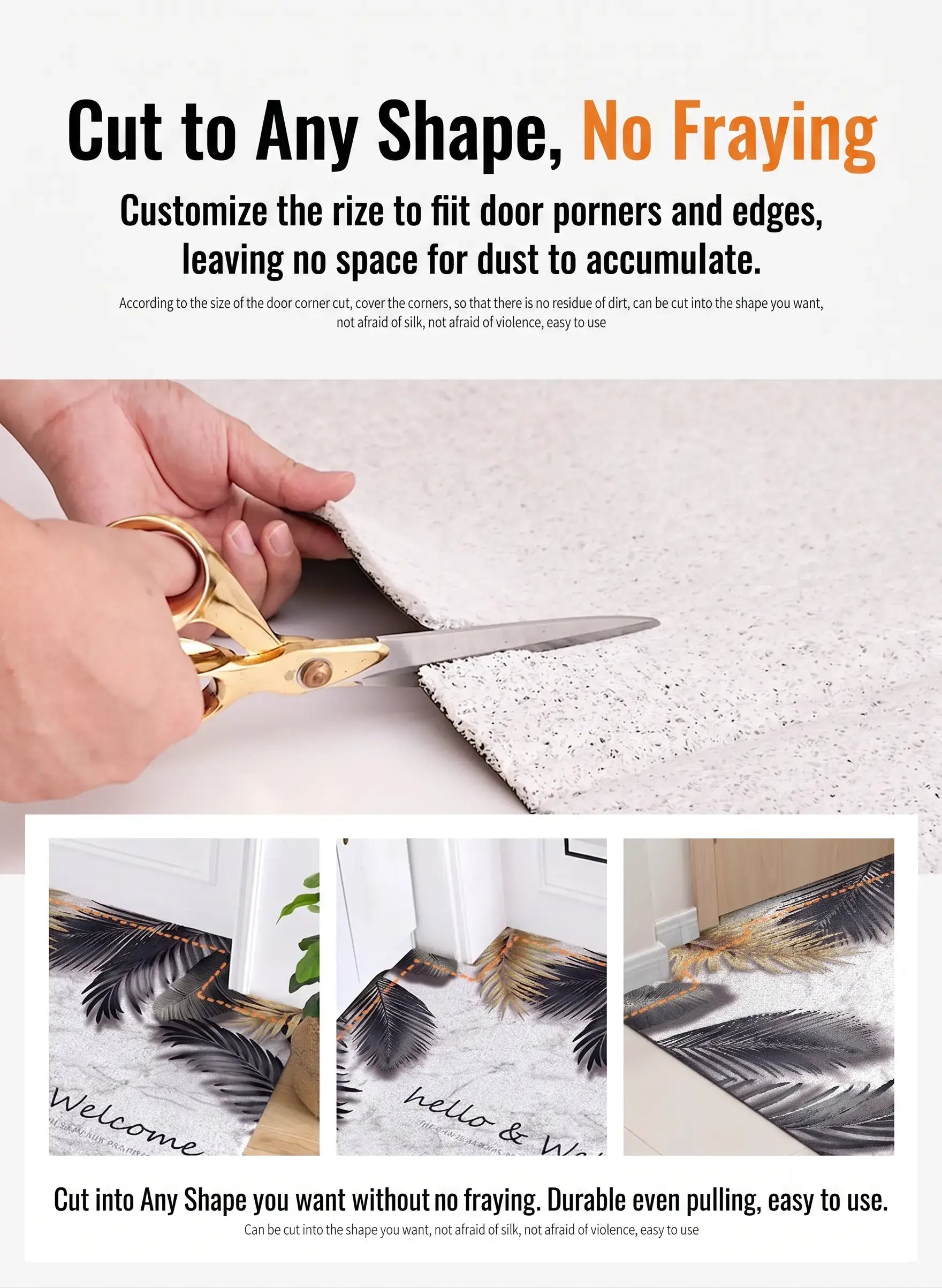 Cutting a customizable mat to fit any space without fraying, demonstrating easy adjustment with scissors.