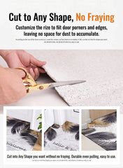 Cutting a customizable mat to fit any space without fraying, demonstrating easy adjustment with scissors.