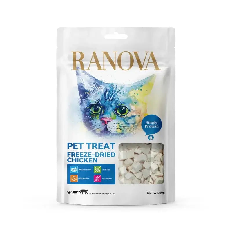 RANOVA Freeze Dried Raw Food Chicken Cubes For Cats 50g packaged with a colorful cat illustration on the front.