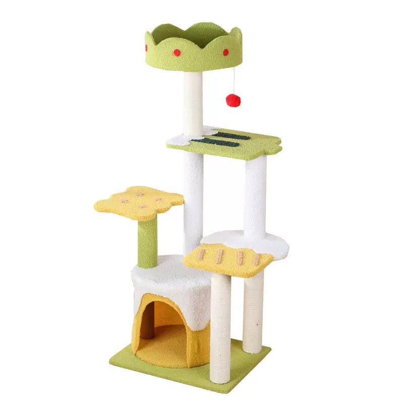Cat tree with multiple platforms and a green top on a white background