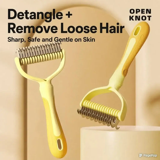 Yellow pet grooming brush for detangling and removing loose hair, safe for cat and dog skin