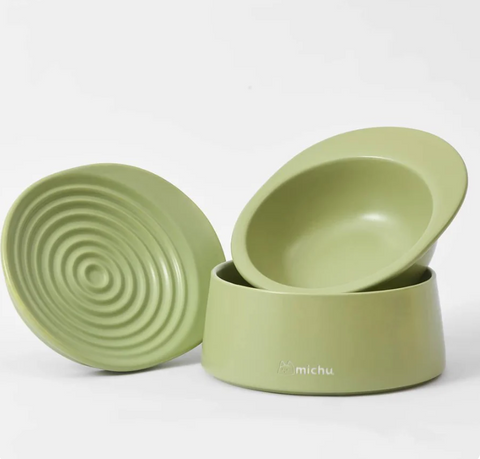 Michu Ceramic 3pcs Dinnerware Set- Raised Bowl and Plate Set for Everyday Pets Essentials