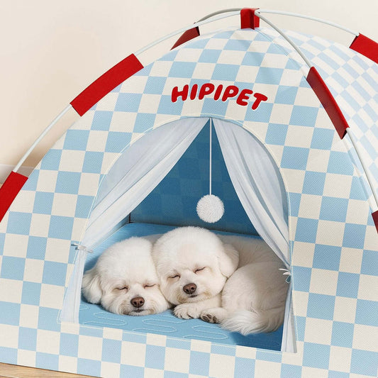 Foldable Indoor Cat & Dog Tent with Cooling Mat 58×58cm featuring two sleeping puppies inside.