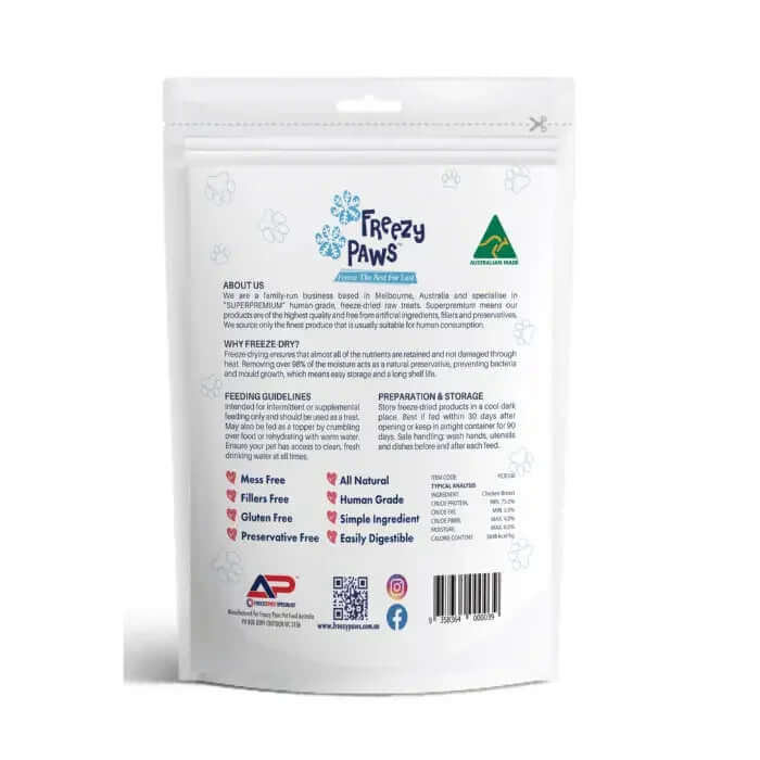 Freezy Paws Freeze Dried Cat Treats Chicken Breast for Dogs & Cats 100g packaging showing ingredients and benefits