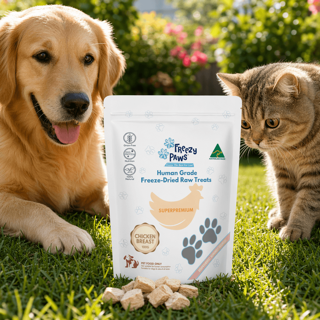 Freezy Paws Freeze Dried Cat Treats Chicken Breast for Dogs & Cats 100g with a dog and cat outdoors.