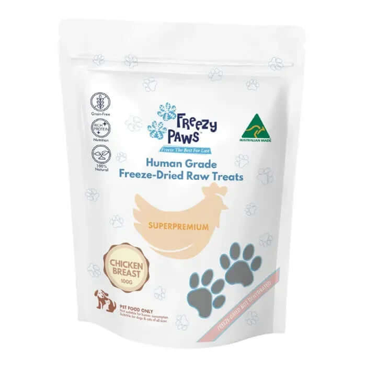 Freezy Paws Freeze Dried Cat Treats Chicken Breast for Dogs & Cats 100g package featuring human grade ingredients.