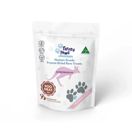 Freezy Paws Kangaroo Meat Freeze Dried Pet Treats - 80g packaging featuring super premium quality.