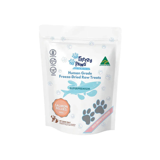 FREEZY PAWS Salmon Bellies Freeze Dried Pet Treats packaging, human grade, 100g.