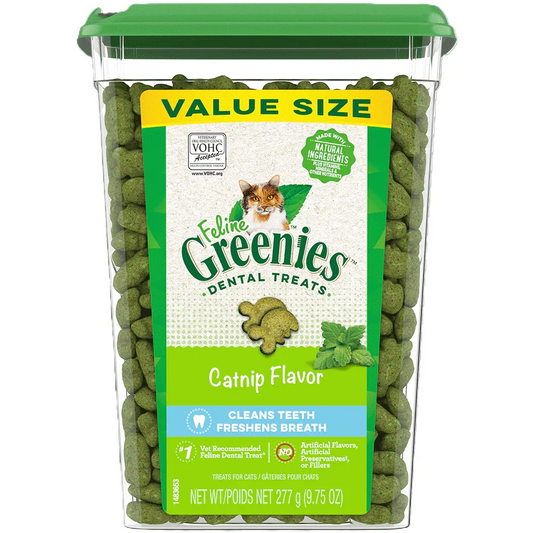 GREENIES Dental Oven Roasted Cat Treats Catnip Flavor 277g value size tub with dental treats for cats.