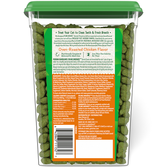 Greenies Dental Oven Roasted Cat Treats Chicken Flavour 277g in a transparent tub, designed for cat dental care and fresh breath.