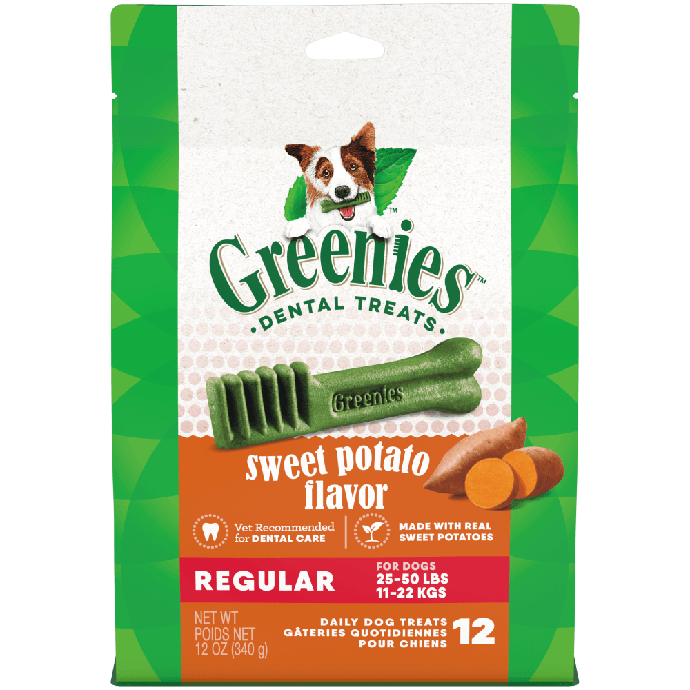 Greenies Sweet Potato Regular Dental Dog Treats 340g pack showing sweet potato flavor for dogs.